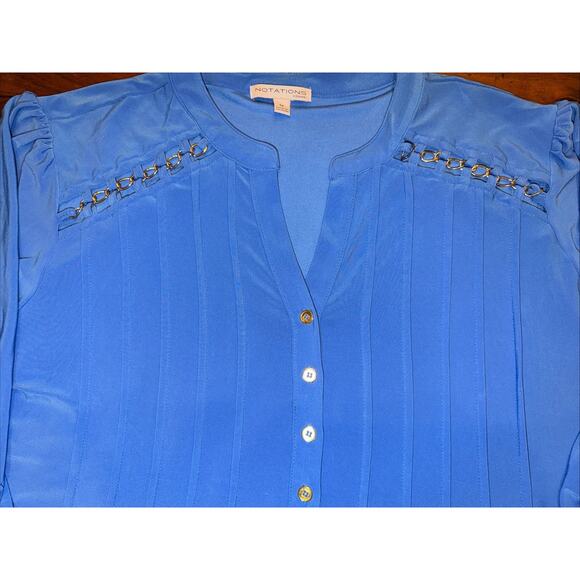 Notations Blue Chain Detail Blouse – Women’s 1X Roll Tab 3/4 Sleeve Top - Picture 2 of 12
